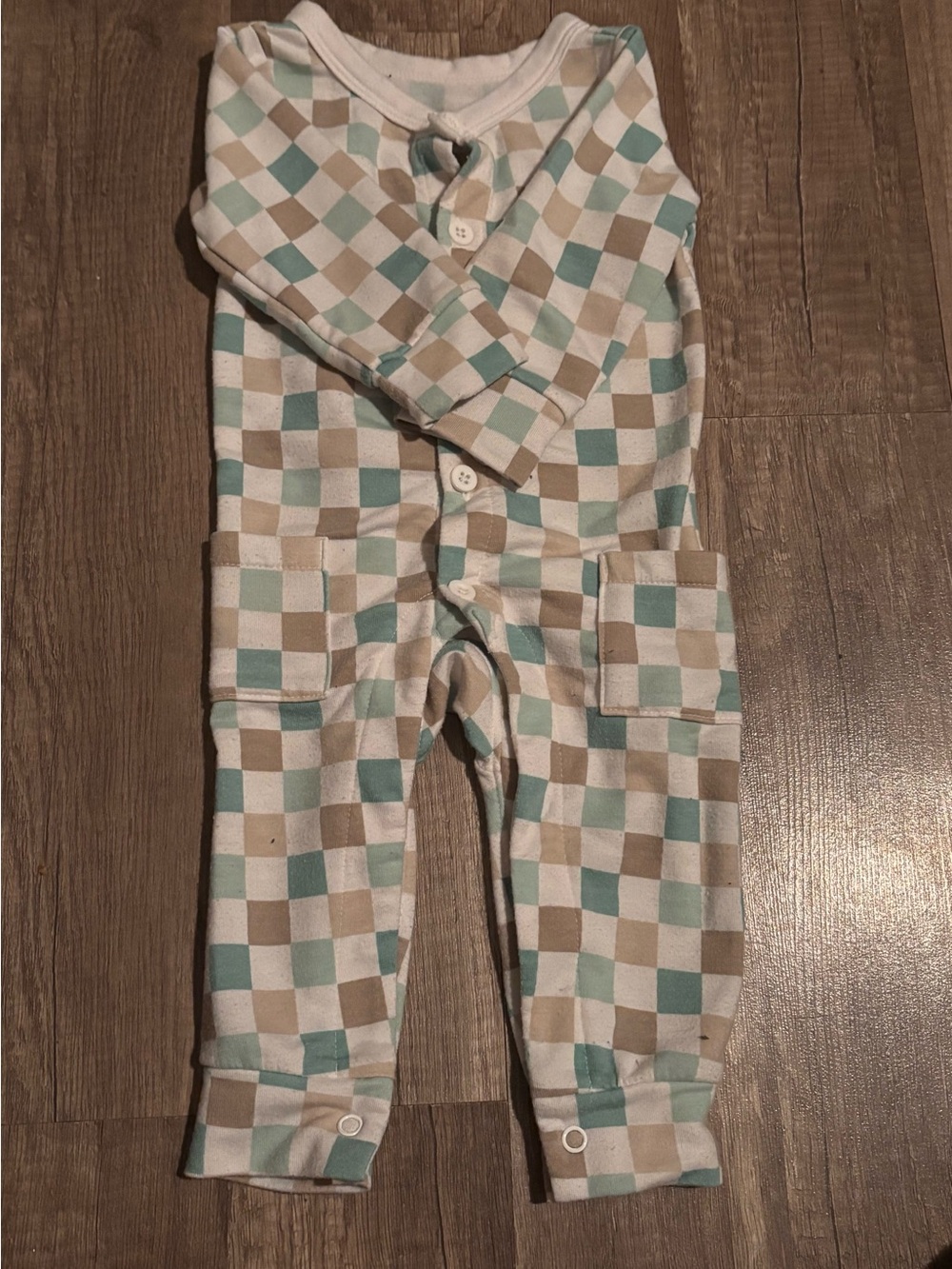 Toddler Checkered One-Piece Bodysuit in Cream, Teal & Tan